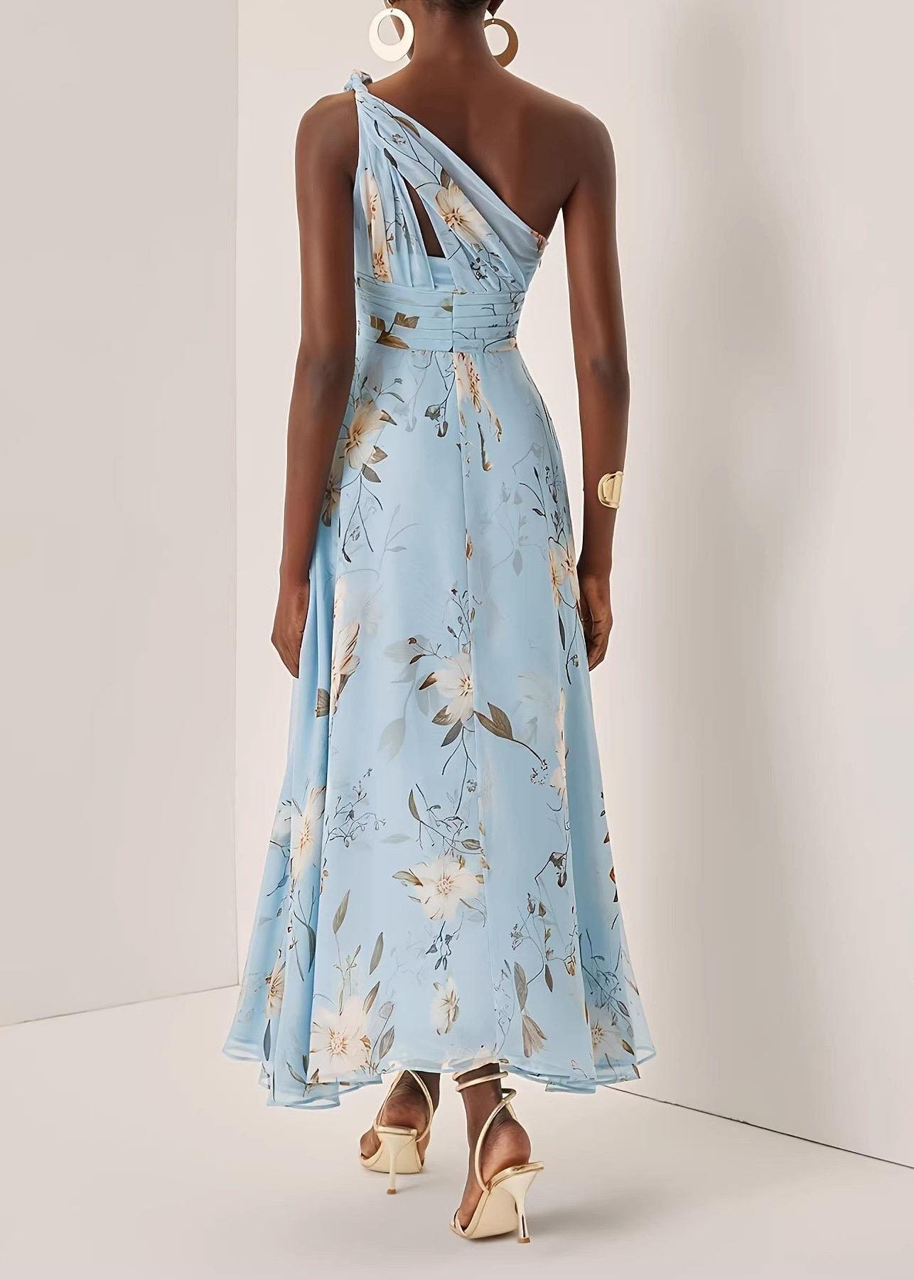 Women's Long Dress One Shoulder Wrinkled Print 4