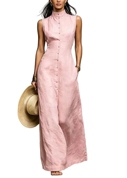 Women's Long Dress Stand Collar Sleeveless Single Breasted 0