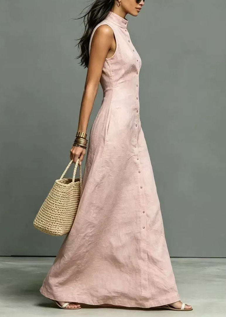 Women's Long Dress Stand Collar Sleeveless Single Breasted 1