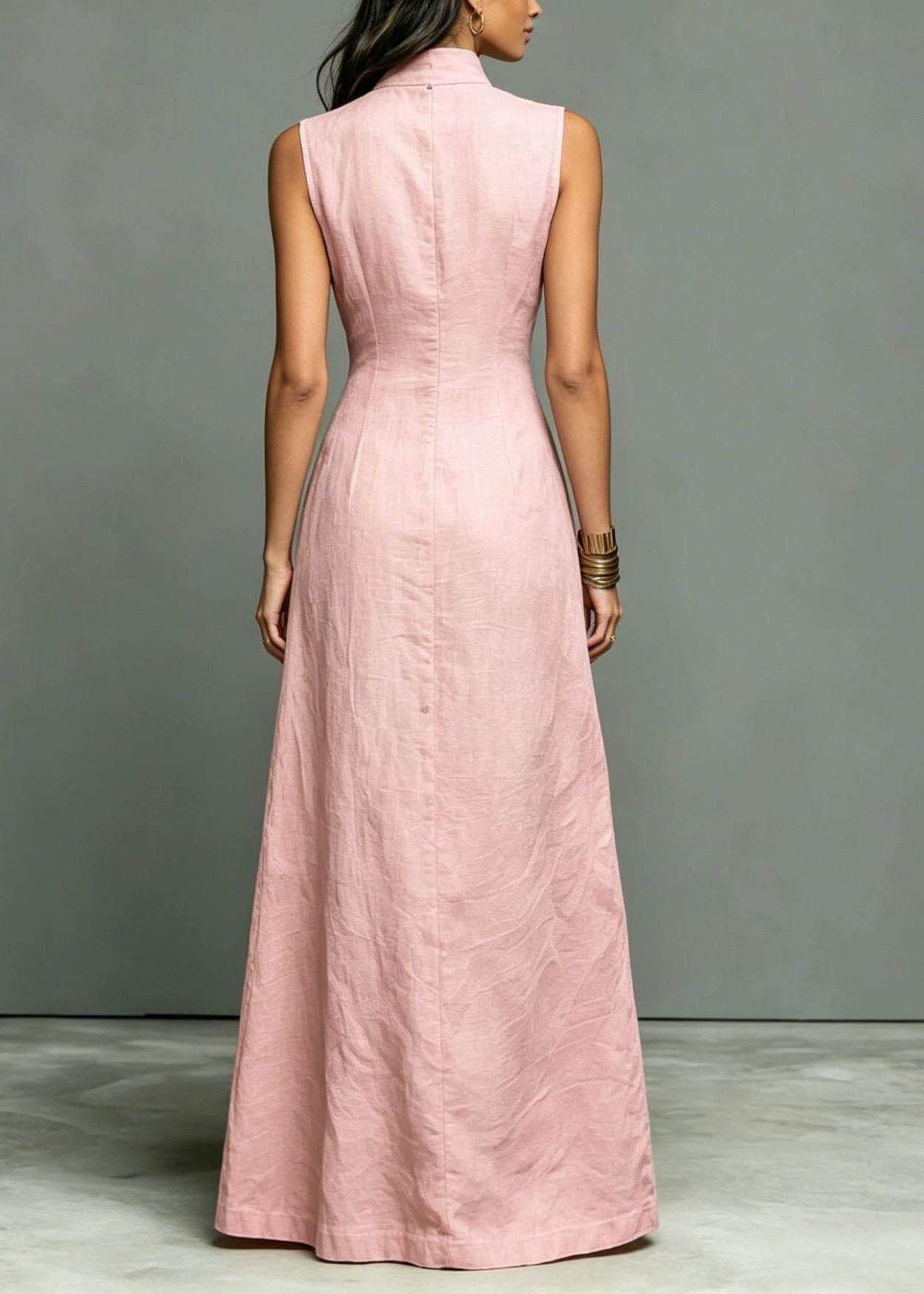 Women's Long Dress Stand Collar Sleeveless Single Breasted 2
