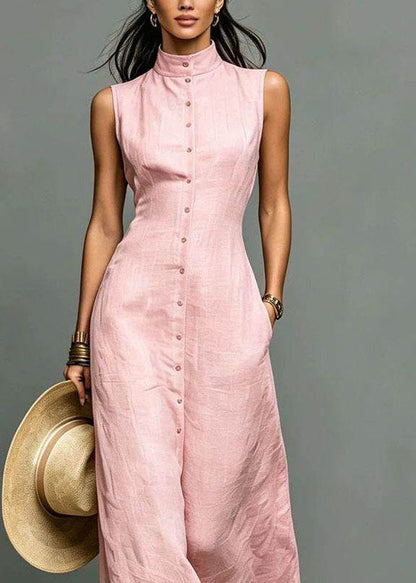 Women's Long Dress Stand Collar Sleeveless Single Breasted 3