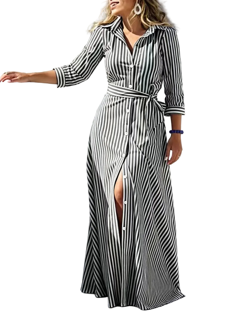 Women's Long Dress Striped Peter Pan Collar Tie Waist 0