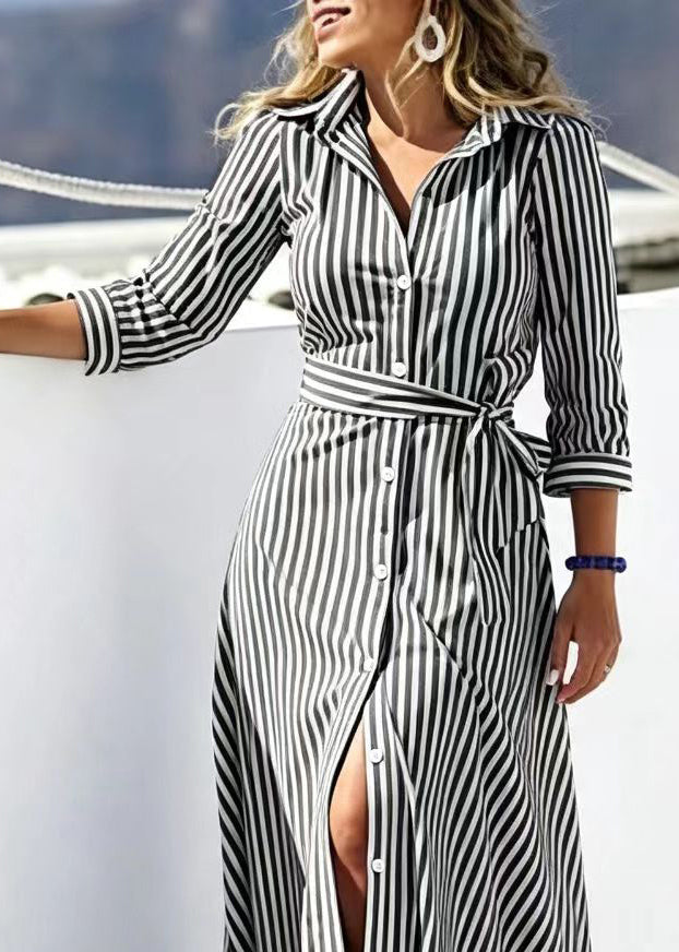 Women's Long Dress Striped Peter Pan Collar Tie Waist 2