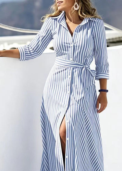 Women's Long Dress Striped Peter Pan Collar Tie Waist 3