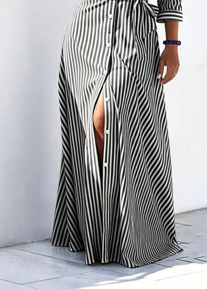 Women's Long Dress Striped Peter Pan Collar Tie Waist 4