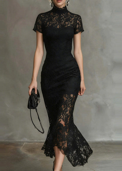 Women's Long Dress Turtleneck Lace Short Sleeve 0