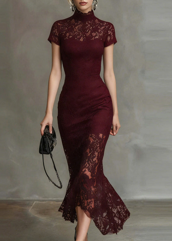 Women's Long Dress Turtleneck Lace Short Sleeve 2
