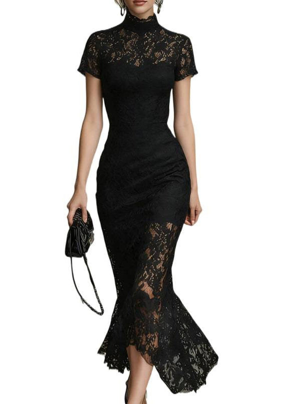 Women's Long Dress Turtleneck Lace Short Sleeve 4