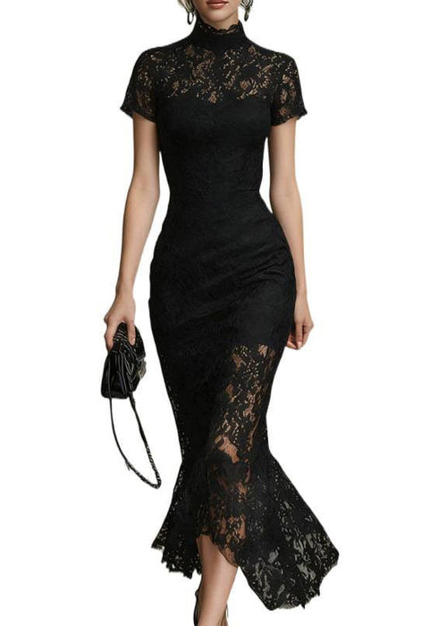 Women's Long Dress Turtleneck Lace Short Sleeve 4