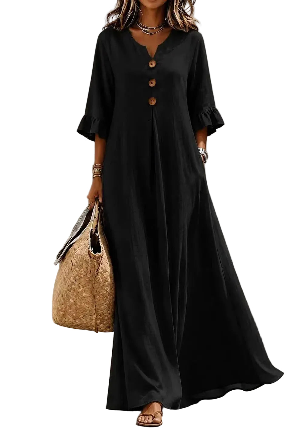 Women's Long Dress V Neck Button Detail Butterfly Sleeve 0