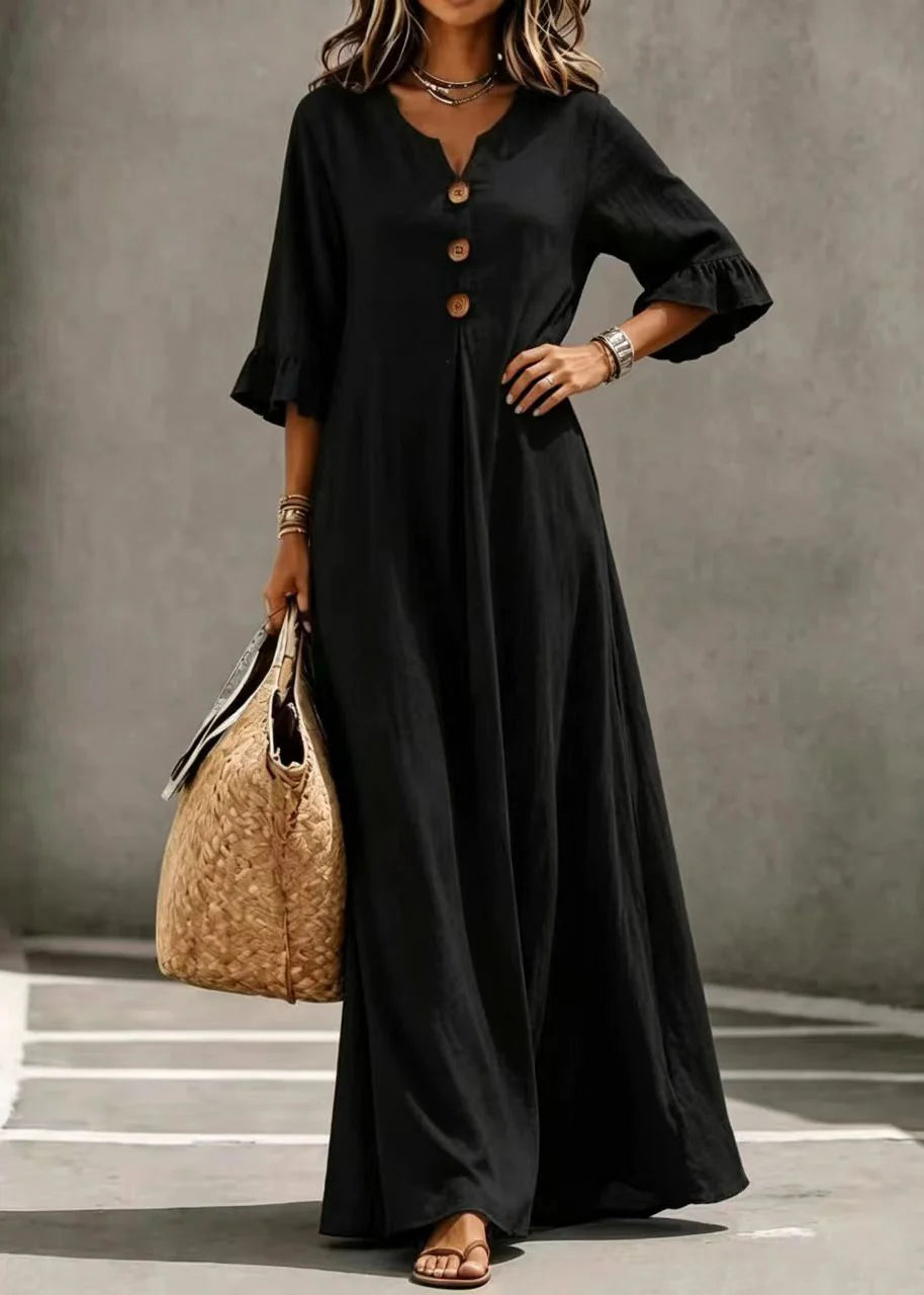 Women's Long Dress V Neck Button Detail Butterfly Sleeve 1