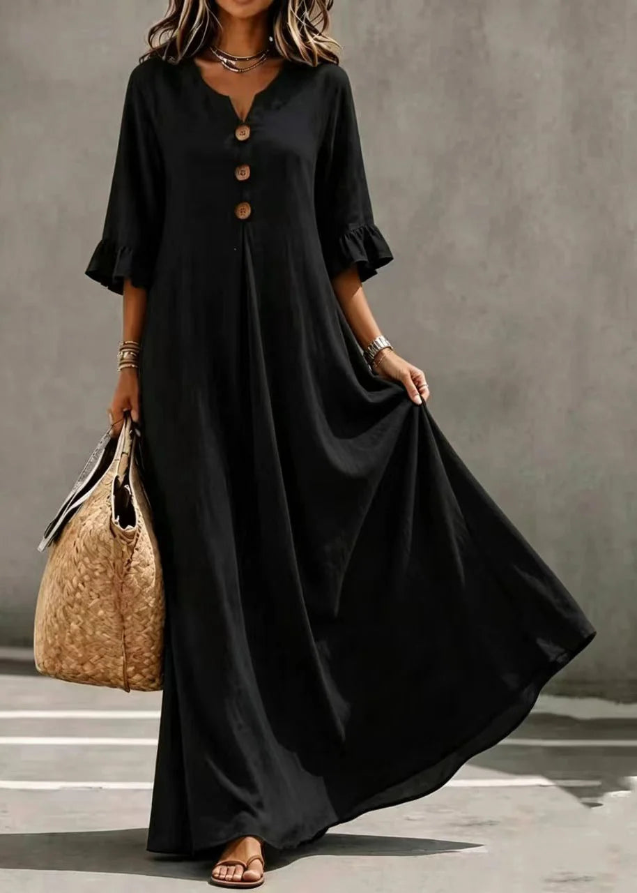 Women's Long Dress V Neck Button Detail Butterfly Sleeve 2