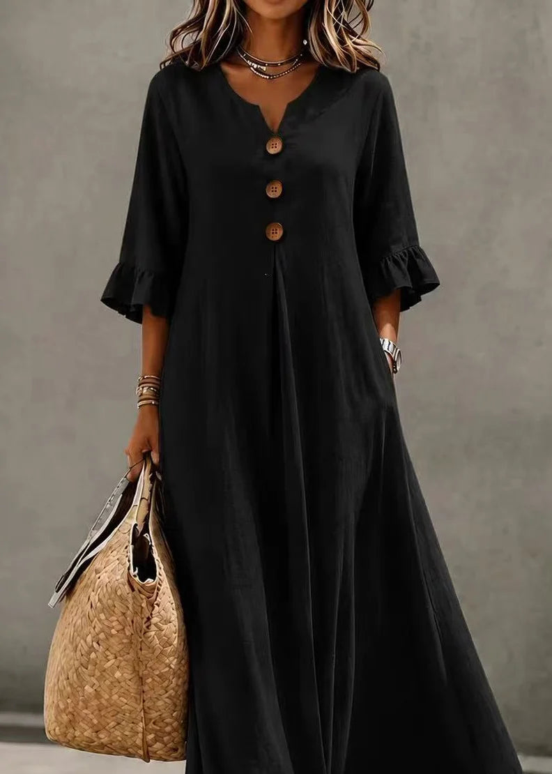 Women's Long Dress V Neck Button Detail Butterfly Sleeve 3