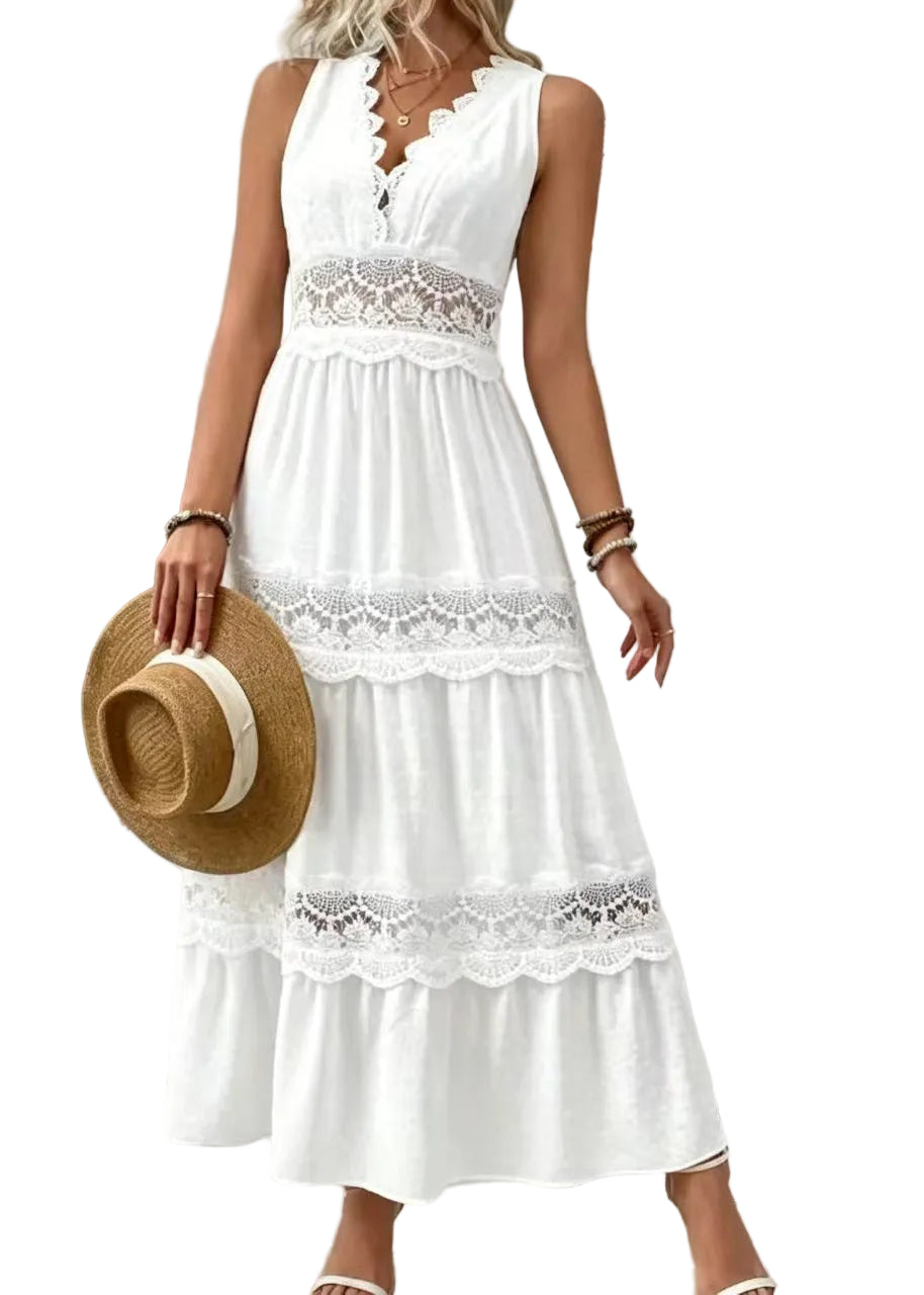Women's Long Dress V Neck Patchwork Lace Sleeveless 0