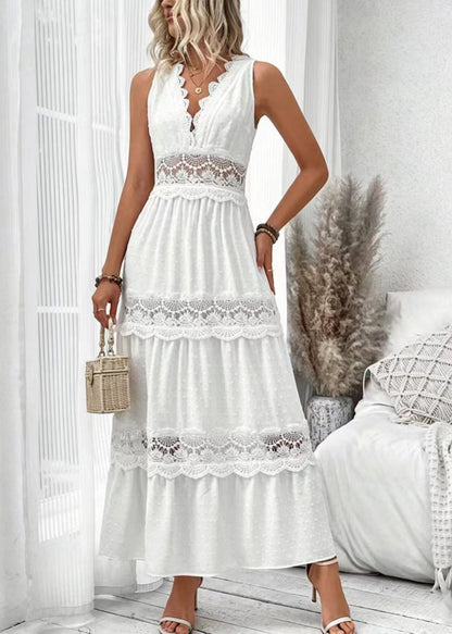 Women's Long Dress V Neck Patchwork Lace Sleeveless 1