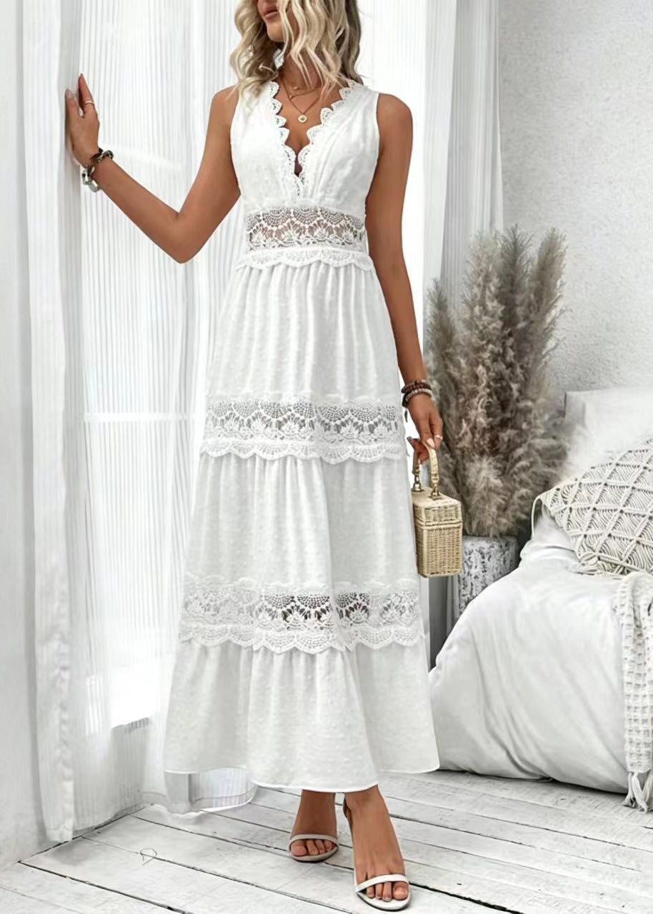 Women's Long Dress V Neck Patchwork Lace Sleeveless 2