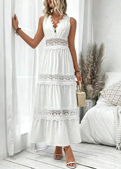 Women's Long Dress V Neck Patchwork Lace Sleeveless 2