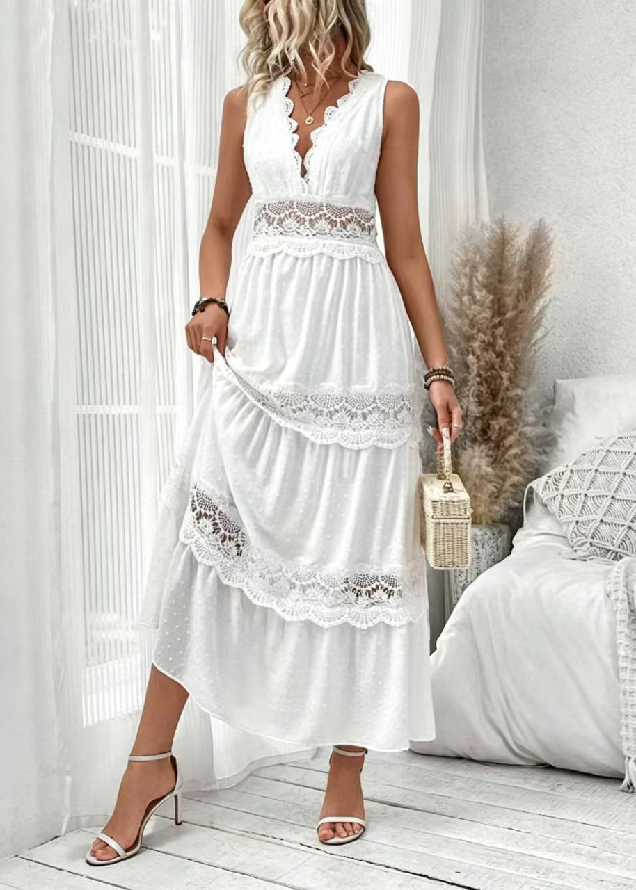 Women's Long Dress V Neck Patchwork Lace Sleeveless 3