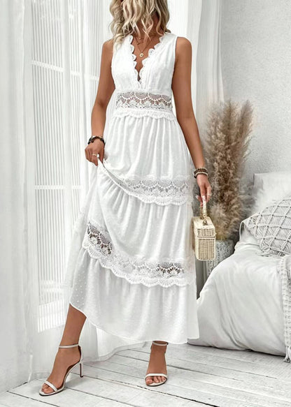 Women's Long Dress V Neck Patchwork Lace Sleeveless 3