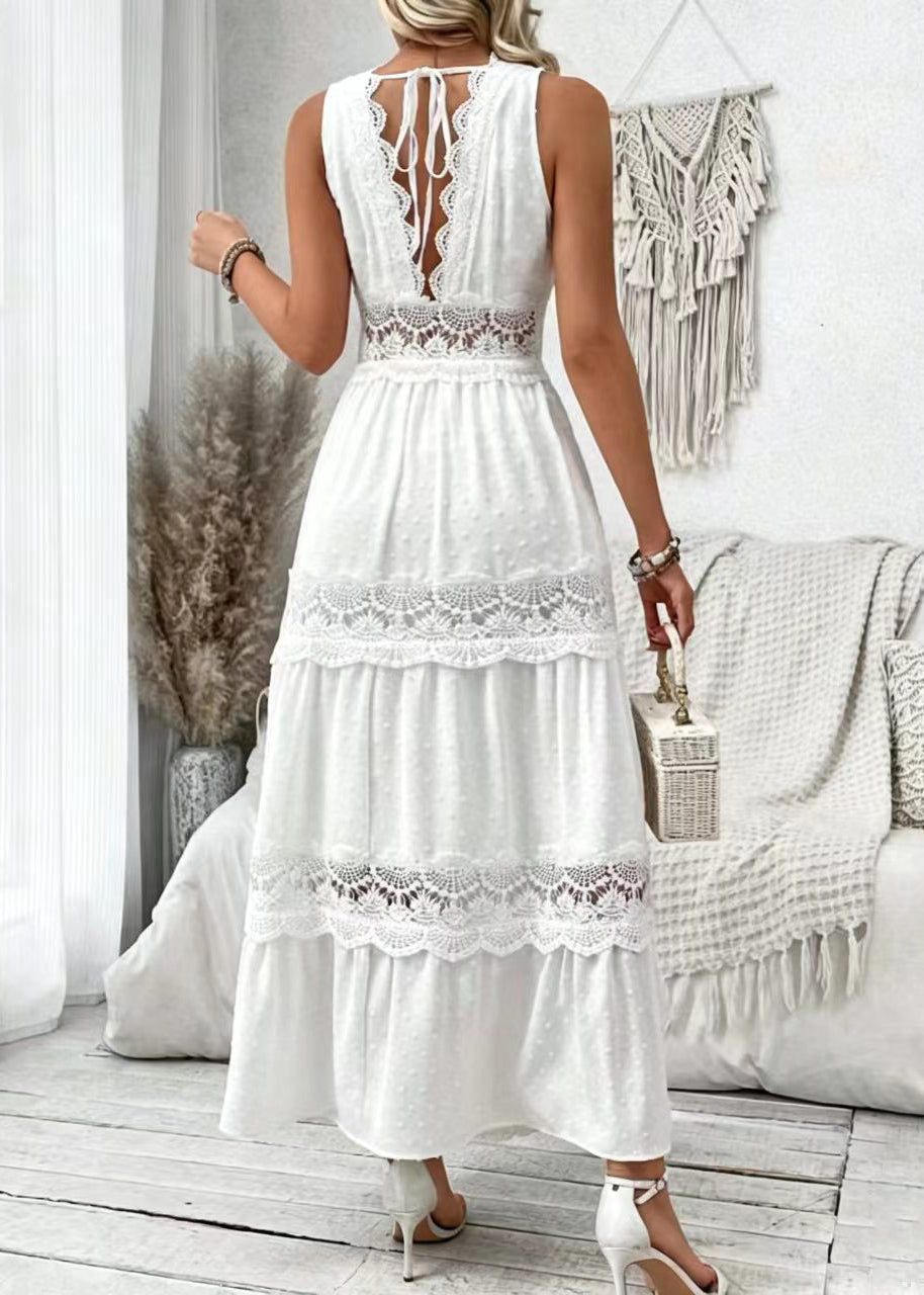 Women's Long Dress V Neck Patchwork Lace Sleeveless 4