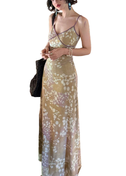 Women's Long Dress V Neck Patchwork Sleeveless Spaghetti Strap 0