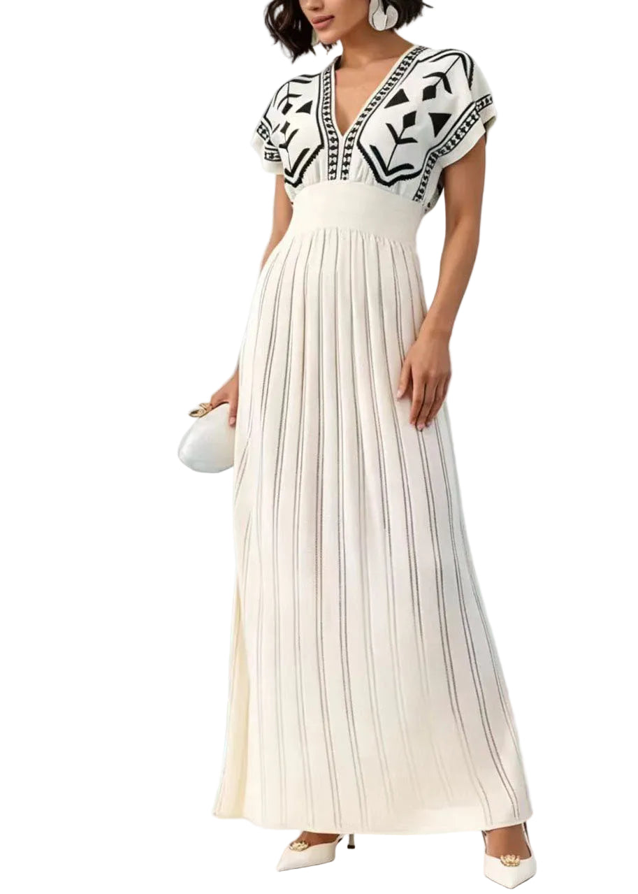 Women's Long Dress V Neck Printed Knit Short Sleeve 0