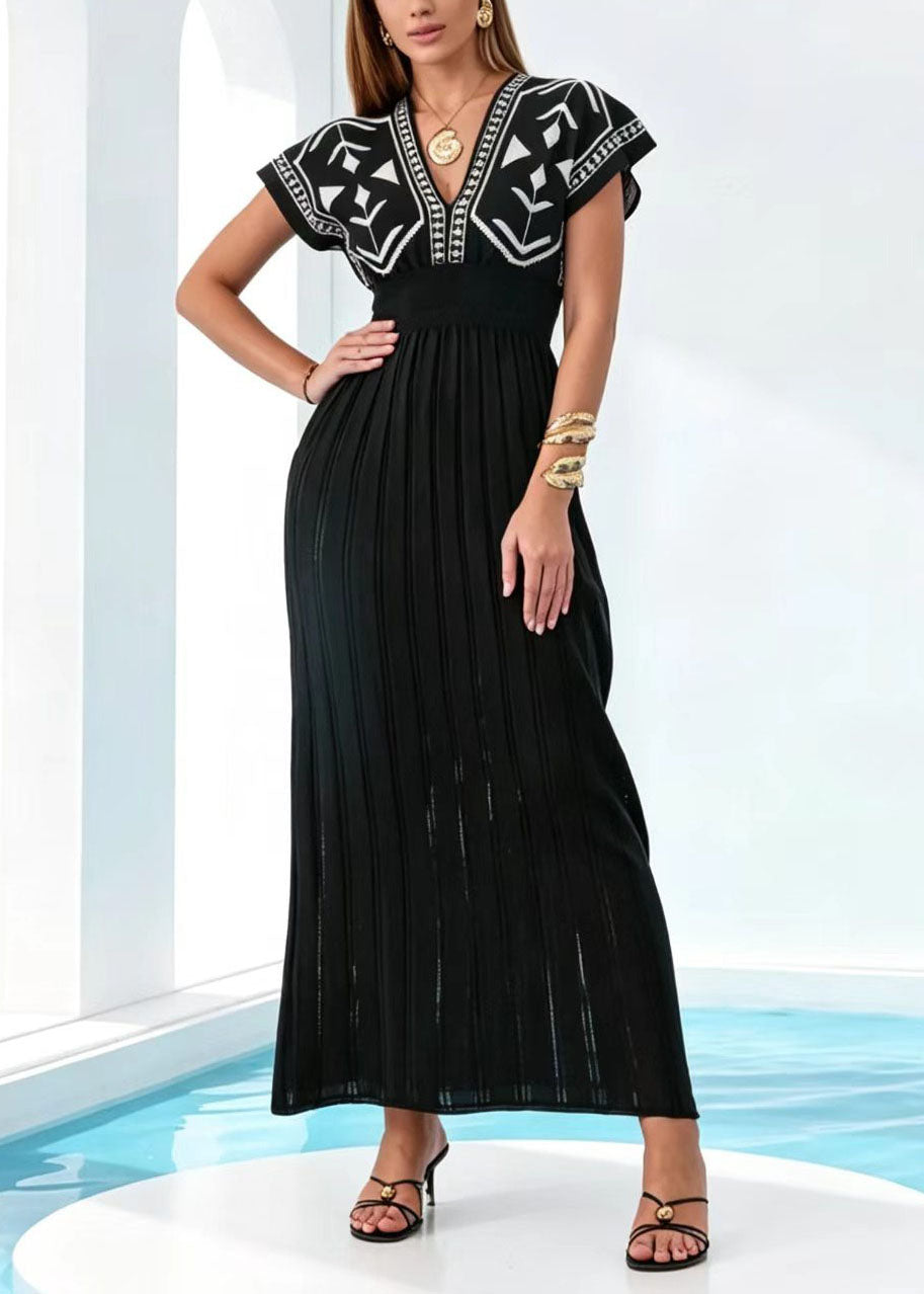 Women's Long Dress V Neck Printed Knit Short Sleeve 1