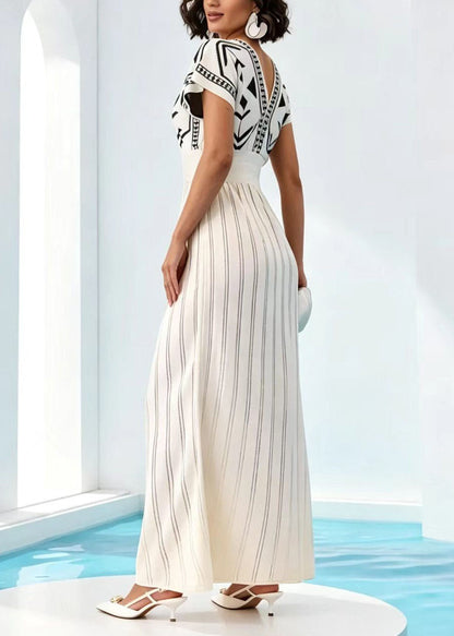 Women's Long Dress V Neck Printed Knit Short Sleeve 2