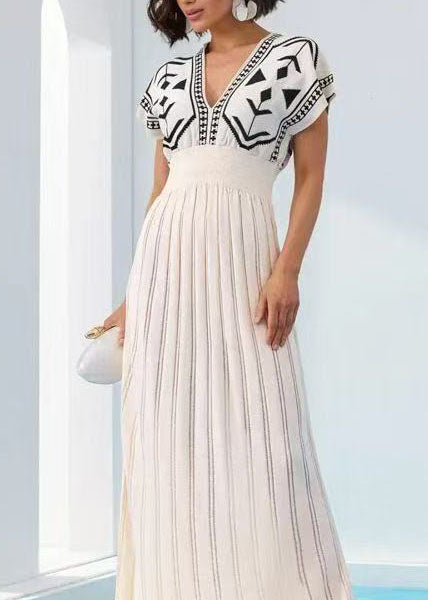 Women's Long Dress V Neck Printed Knit Short Sleeve 4