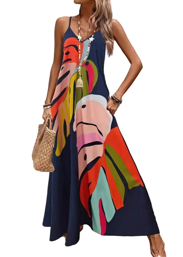 Women's Long Dress V Neck Printed Spaghetti Strap Summer Style 0