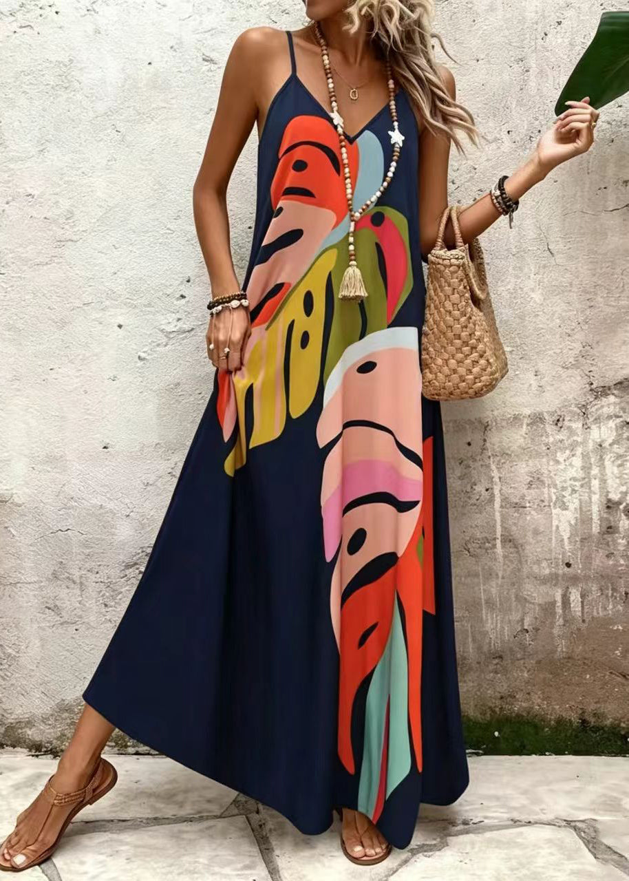 Women's Long Dress V Neck Printed Spaghetti Strap Summer Style 1