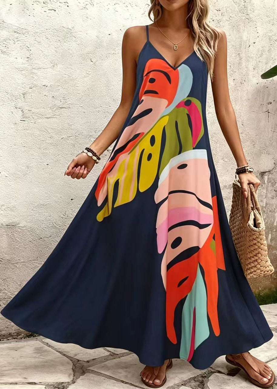 Women's Long Dress V Neck Printed Spaghetti Strap Summer Style 2