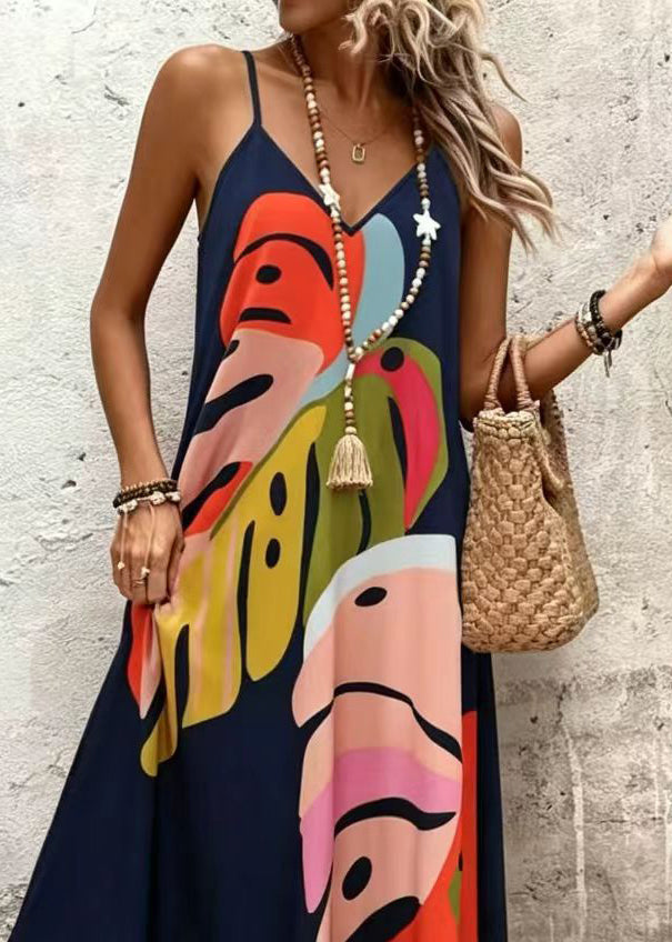Women's Long Dress V Neck Printed Spaghetti Strap Summer Style 4
