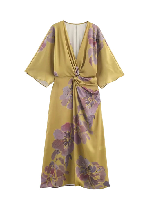 Women's Long Dress V Neck Printed Wrinkled Style 3