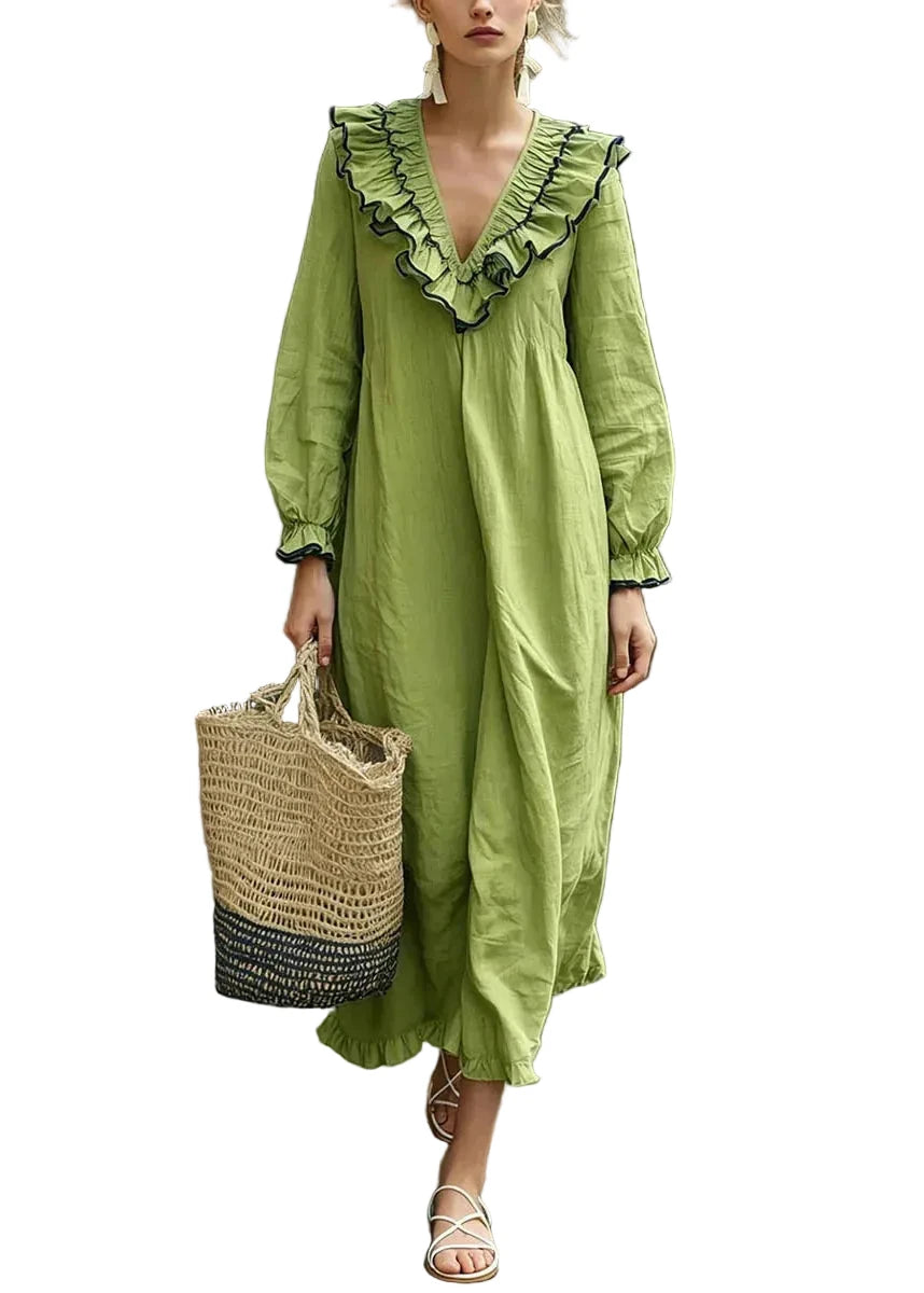 Women's Long Dress V Neck Puff Sleeve 0
