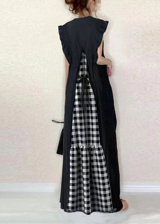 Women's Long Dress V Neck Ruffled Patchwork Plaid 0