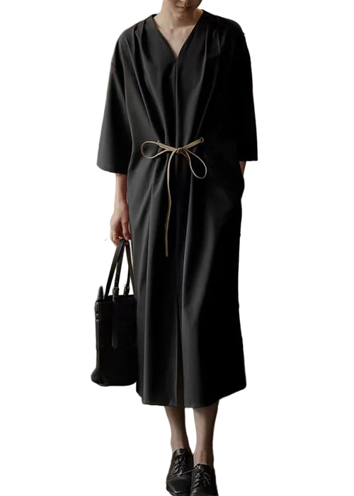 Women's Long Dress V Neck Tie Waist Casual Style 0