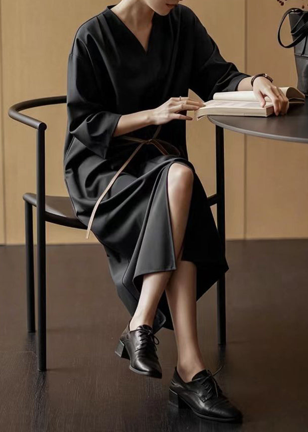 Women's Long Dress V Neck Tie Waist Casual Style 3