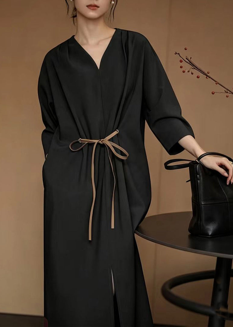 Women's Long Dress V Neck Tie Waist Casual Style 4