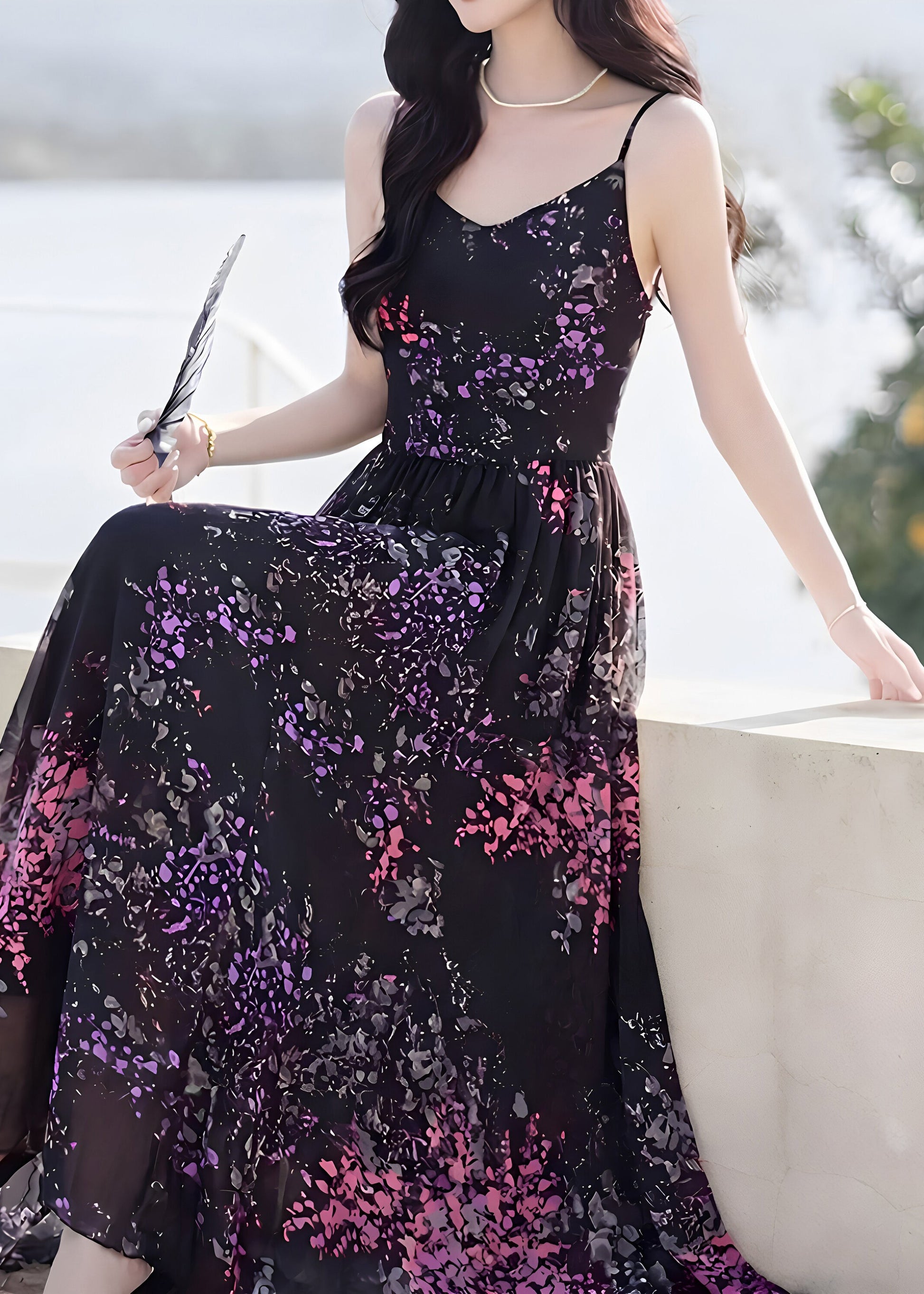 Women’s Long Dress Wrinkled Spaghetti Strap Sleeveless 3