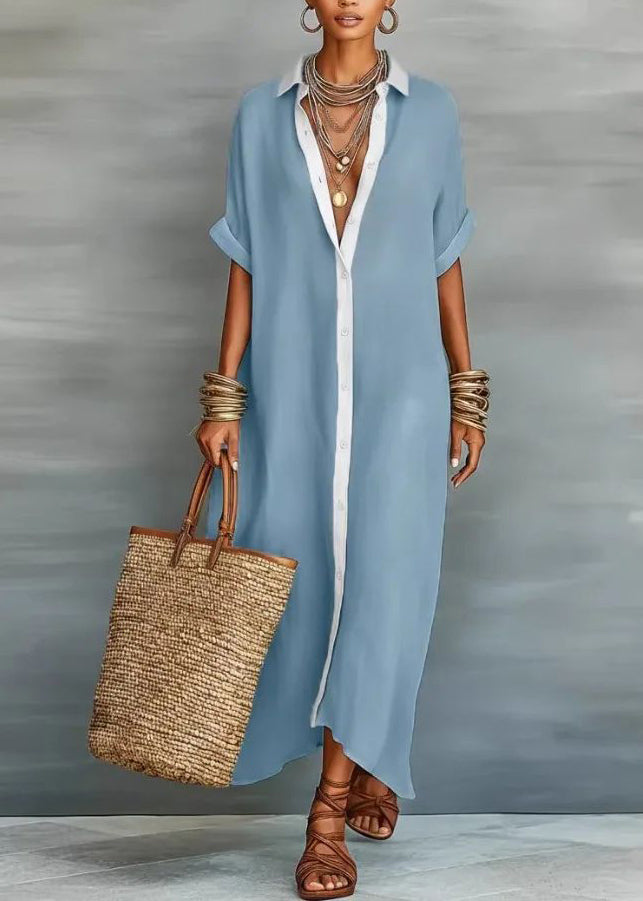 Women's Long Shirt Dress Boho Style with Peter Pan Collar 1
