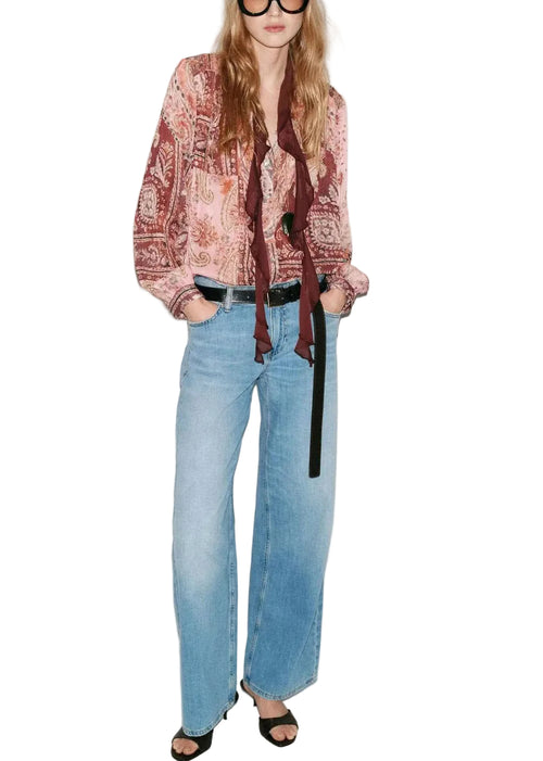 Women's Long Sleeve Blouse Draped Print 0