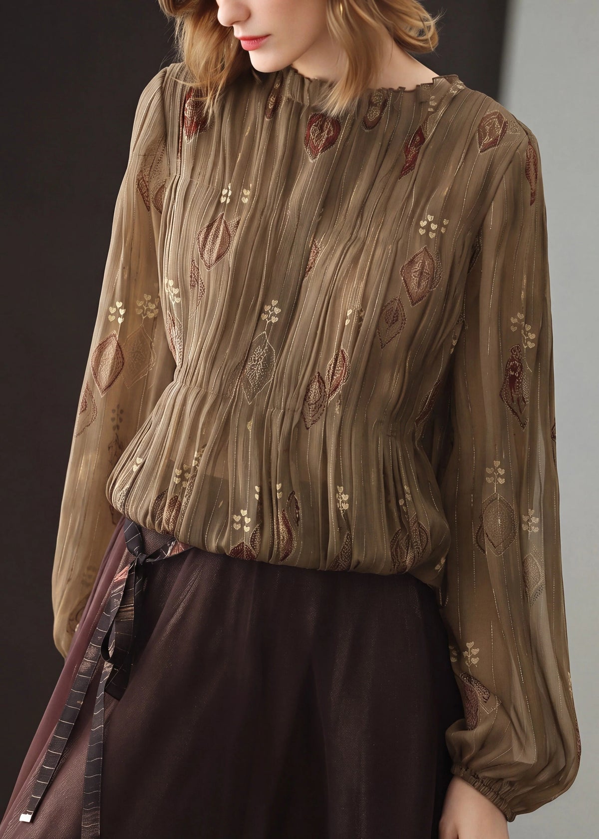 Women's Long Sleeve Blouse Ruffled Pleated 4
