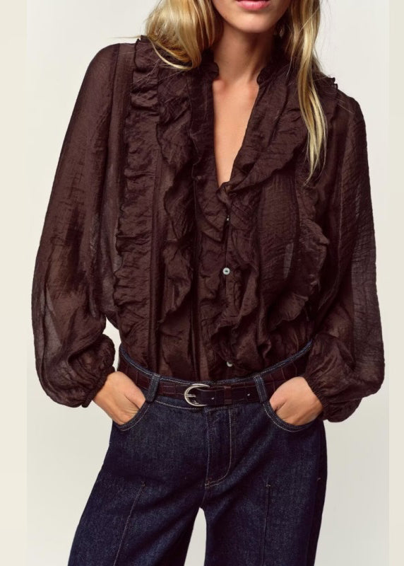 Women's Long Sleeve Blouse V Neck Ruffled 0