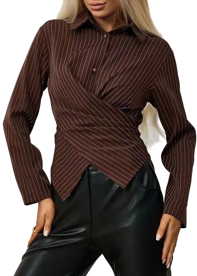 Women's Long Sleeve Blouse with Peter Pan Collar and Striped Design 0