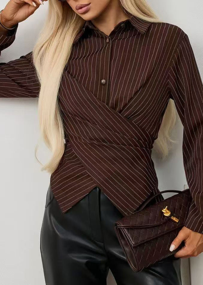 Women's Long Sleeve Blouse with Peter Pan Collar and Striped Design 1