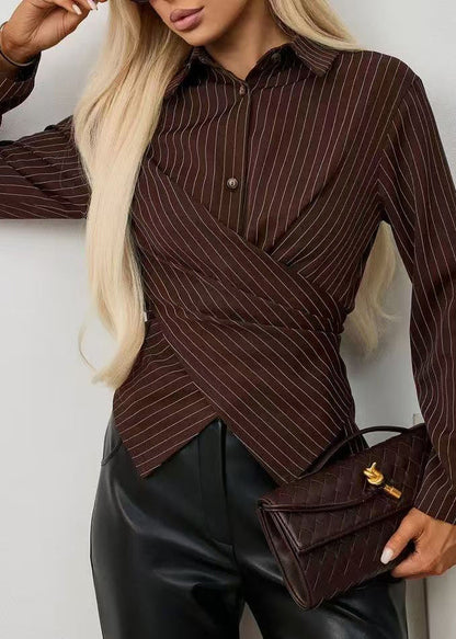 Women's Long Sleeve Blouse with Peter Pan Collar and Striped Design 1