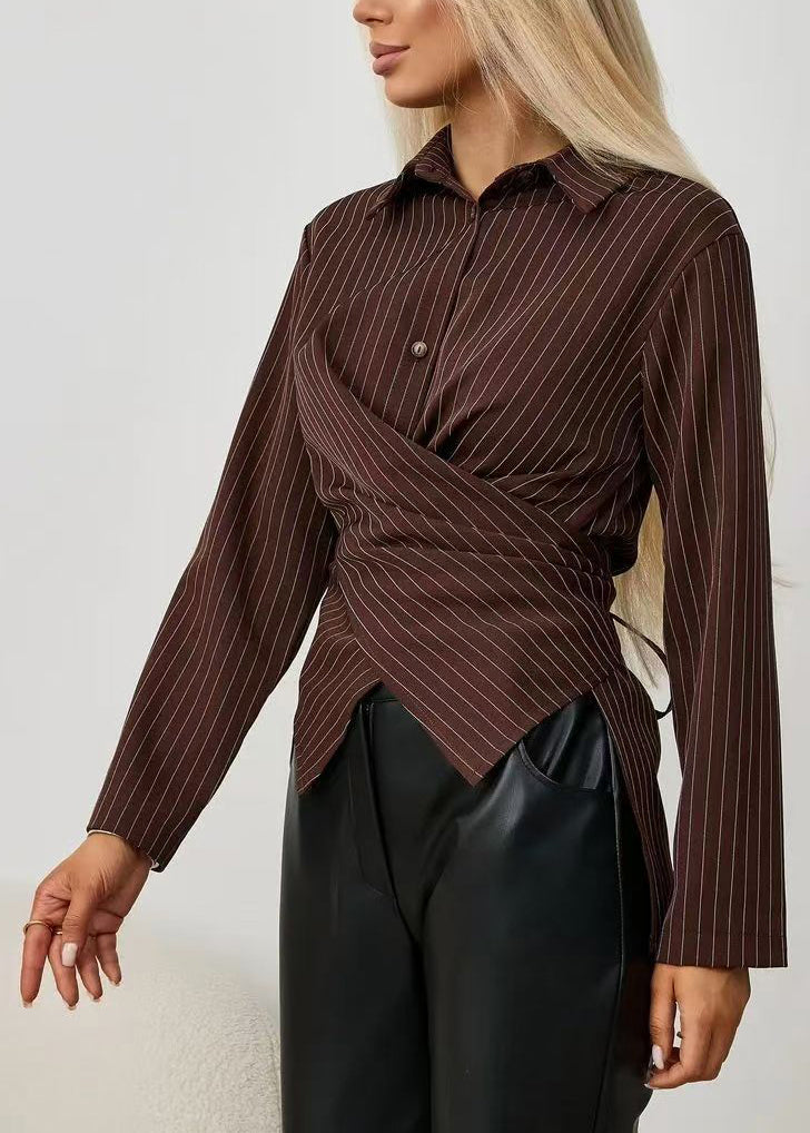 Women's Long Sleeve Blouse with Peter Pan Collar and Striped Design 2