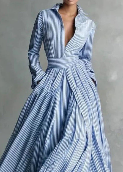 Women's Long Sleeve Button-Down Dress Striped with Peter Pan Collar 1