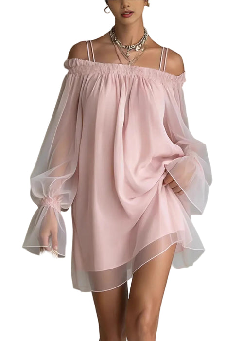 Women's Long Sleeve Cold Shoulder Dress Ruffled Patchwork 0